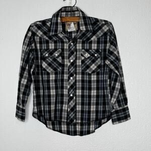Wrangler Boys Button Down Shirt Size Small Black Blue Plaid Pearl Snap‎ Western